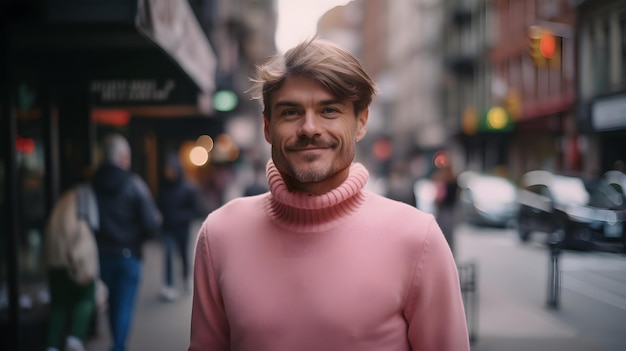 A man in a pink sweater smiles in a busy street.