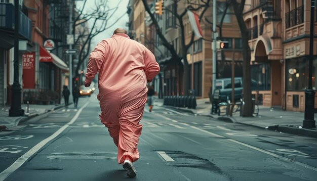 Foto un uomo con una felpa rosa e pantaloni corre per una strada della città la scena è vivace ed energetica con auto e altri veicoli che si muovono intorno a lui l'abbigliamento dell'uomo è luminoso e accattivante