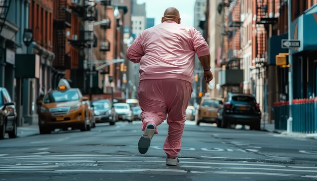 A man in a pink sweatshirt and pants runs down a city street