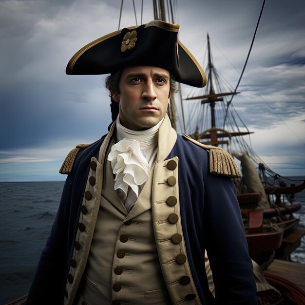 Photo a man in a pirate costume stands on a boat with a cloudy sky behind him