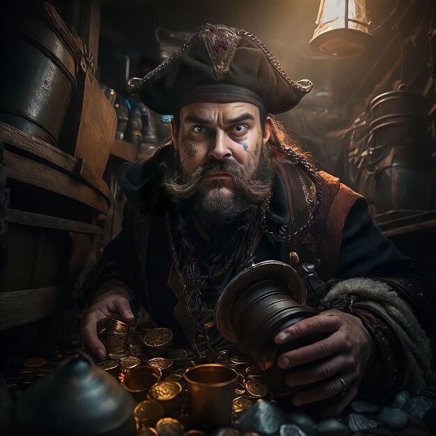 A man in a pirate hat holds a cup of gold.