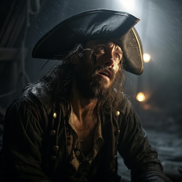 a man in a pirate hat is sitting in the dark.