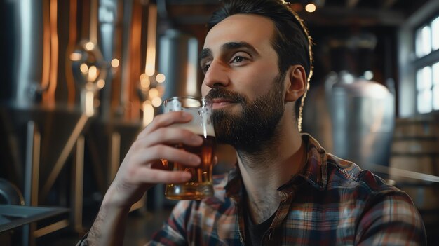 Photo a man in a plaid shirt is drinking a glass of beer in a brewery he is looking off to the side and has a thoughtful expression on his face