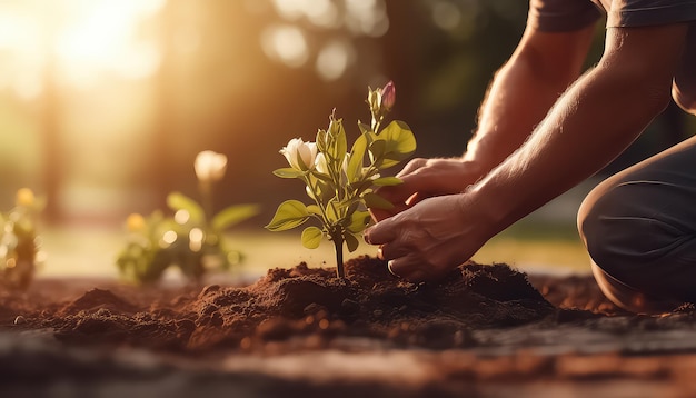 Man plant een plant in de tuin