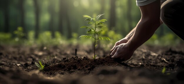 man plant a tree in the forest