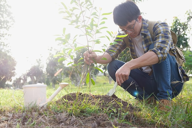 写真 庭で植物を植える男
