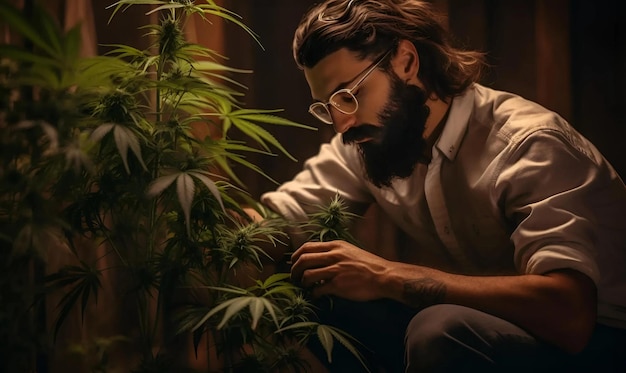 man planting cannabis plant background