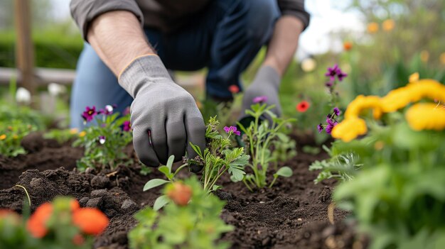 晴れた日に屋外で花を植える男