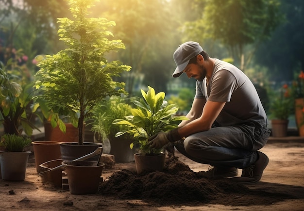 A man planting plant in the garden