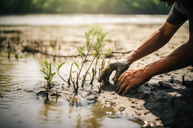 A man planting a plant in the mud