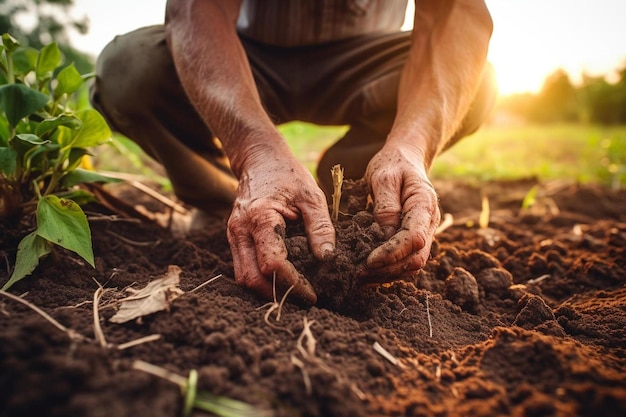 a man planting a plant in the soil