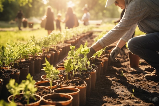 A man planting a seedling in a garden