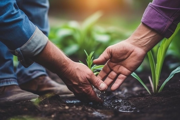 Photo a man planting seedlings in a garden