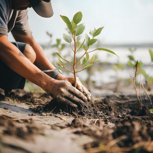 A man planting a tree on a beach