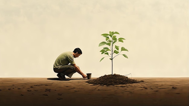 man planting a tree in the ground in the style of muted