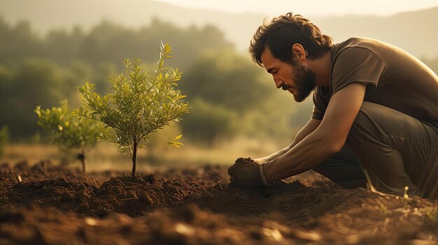 a man planting trees in a dirt field in the style of use of earth tones