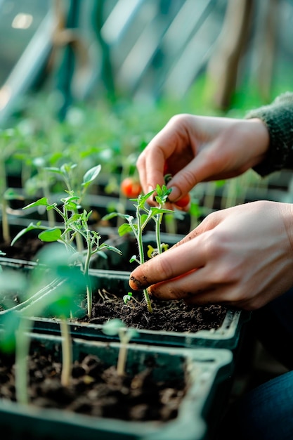 温室に苗を植える男 選択的な焦点