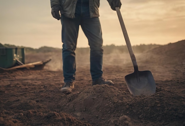 A man plants a tree hands with a shovel digs the earth nature environment and ecology dug hole