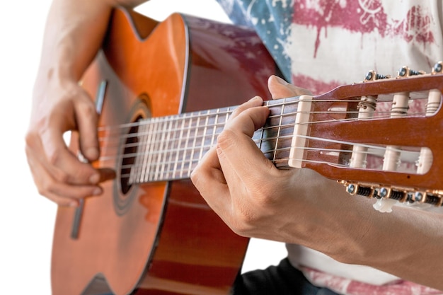 Man Playing Acoustic Guitar, Close-up, Isolated