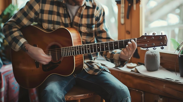 A man playing an acoustic guitar in a rustic setting He is wearing a plaid shirt and jeans