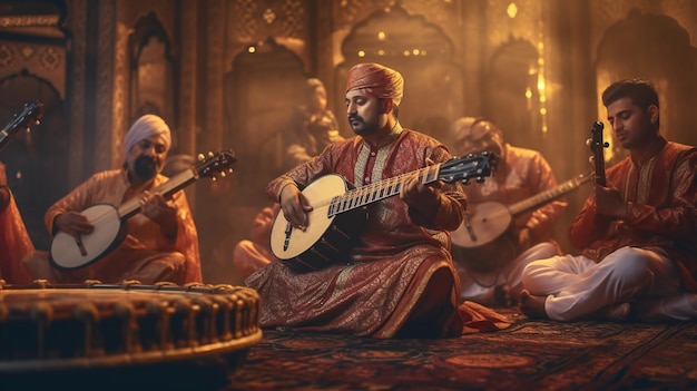 A man playing a banjo in a dark room