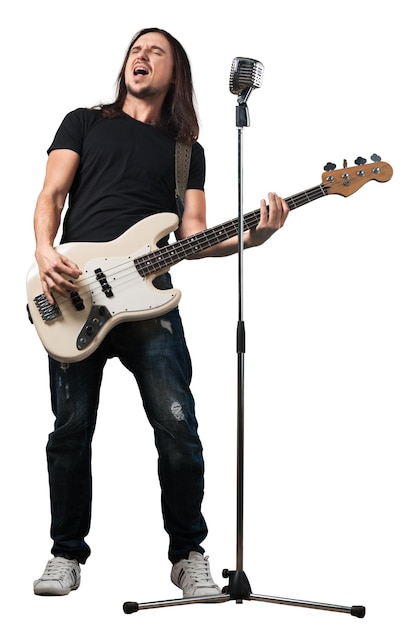 Premium Photo  Man playing bass guitar and singing on white