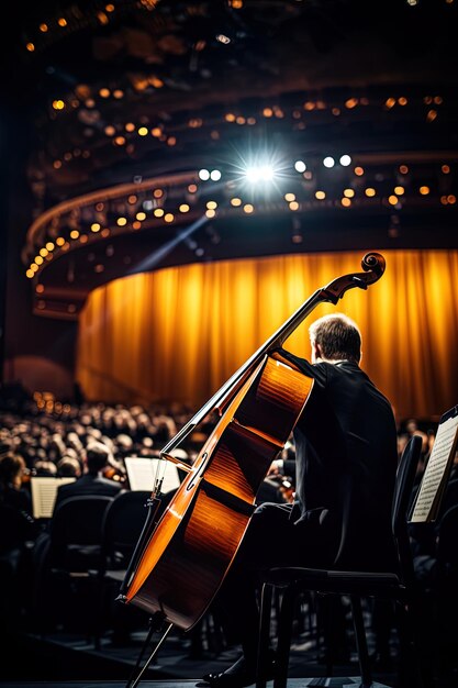 Foto un uomo che suona il violoncello davanti a un grande pubblico