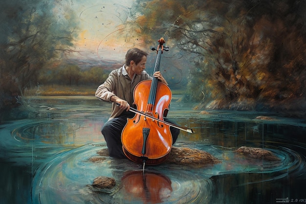 A man playing a cello in a river