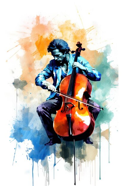 Man playing cello watercolor style colorfull