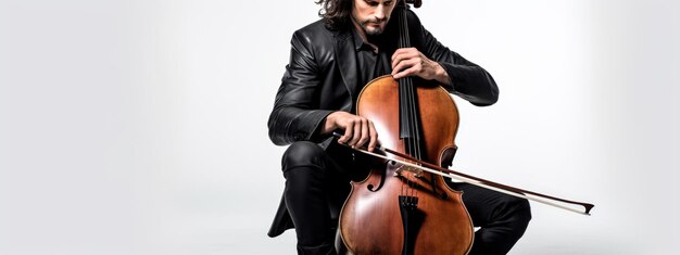 Foto uomo che suona il violoncello su sfondo bianco