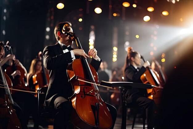 a man playing cello with a cello in the background