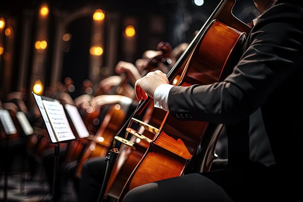 Photo a man playing a cello with a sheet music in the background