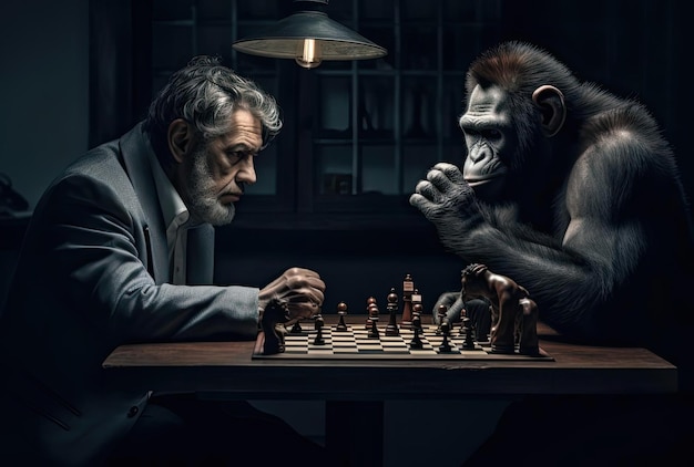 a man playing chess with a chimpanzee in the style of dark cyan and gray