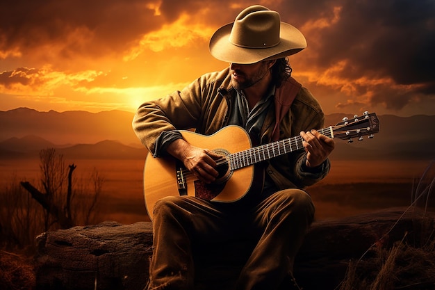 Foto un uomo che suona musica country con uno strumento per chitarra