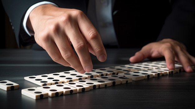 Un uomo che gioca a domino con la mano sul tavolo