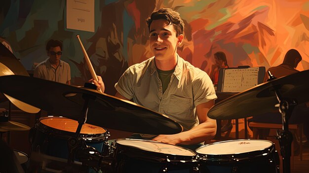 a man playing a drum set with a picture of a man playing the drums