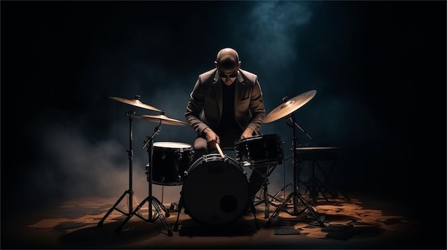 A man playing drums on stage with smoke behind him.