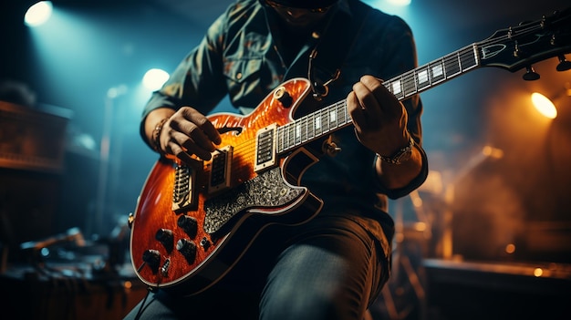 Man playing on electric guitar closeup Musician playing on electric guitargenerative ai