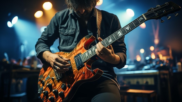 Man playing on electric guitar closeup Musician playing on electric guitargenerative ai