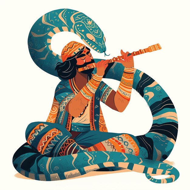 A man playing a flute next to a large blue snake The snake is curled up and the man is sitting on the ground