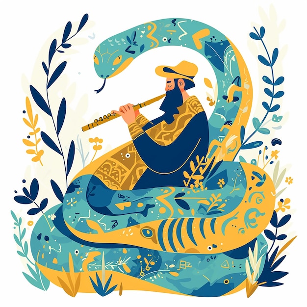 A man playing a flute next to a snake The snake is blue and yellow