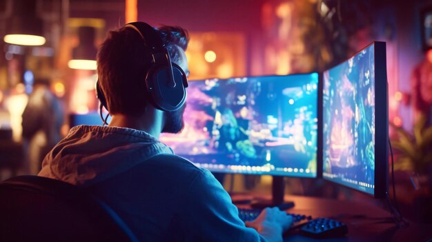 A man playing a game on a computer with a headset.