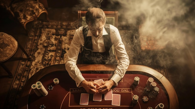 a man playing a game of poker with the words national bank on the front