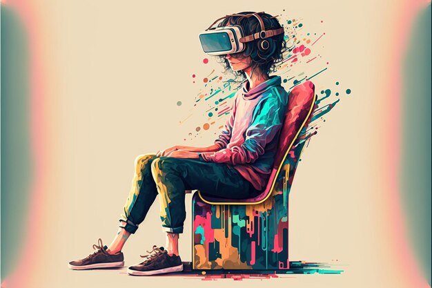 Man in VR glasses play computer online games on PC. Male gamer in virtual  reality headwear enjoy digital world. Flat vector illustration. 26118355  Vector Art at Vecteezy