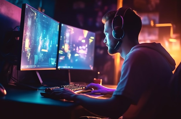 A man playing a game with a gaming headset.