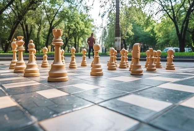 Man playing gigantic chess outdoors