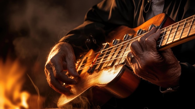 a man playing a guitar by the fire