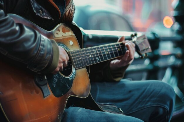 Photo man playing guitar on city street