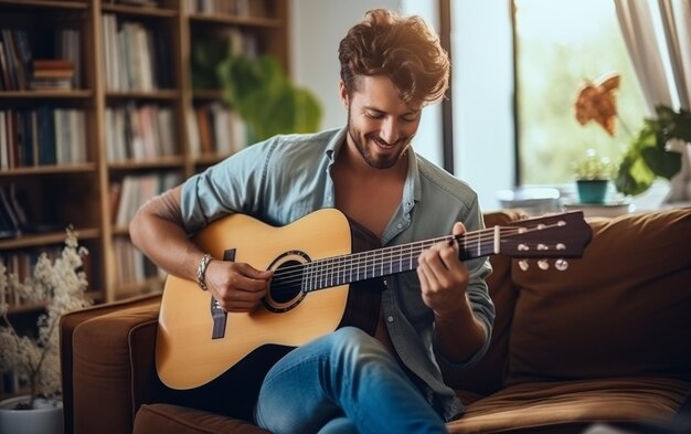 Photo man playing guitar on couch