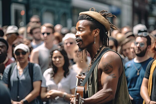 A man playing a guitar in a crowd of people Generative Ai